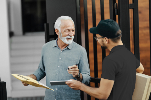 Male signing for a delivered package with delivery driver.