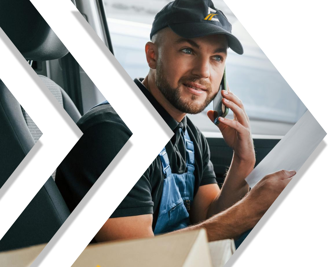 Employee in van on phone checking location address